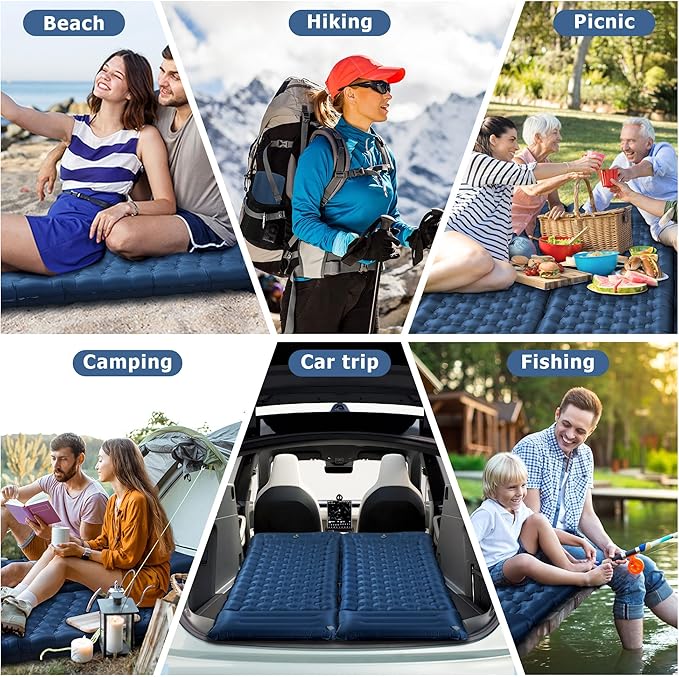 Sleeping Pad 4.7 Extra-Thick &amp Ultralight Inflatable Camping Mat with Pillow Built-in Foot Pump Compact for Backpacking Camping Hiking Travel — Navy Blue