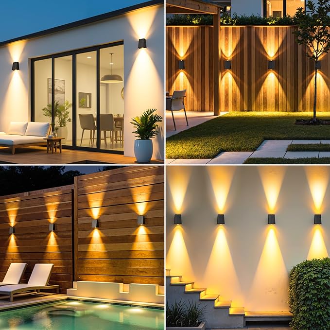 2 Pack Solar Wall Lights Outdoor Waterproof Up and Down 2 LED Fence Sconce for House Patio Porch Yard Garden Garage and Pool for Security and Decorative Lighting Wall Mounted Install(Warm White)