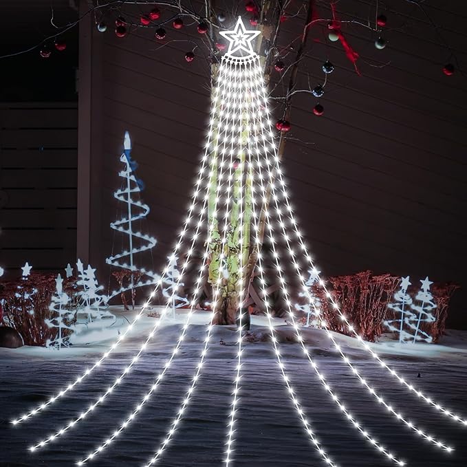 HELESIN Solar Outdoor Christmas Decorations Lights 350LED Christmas Star Tree Light wth Remote Control 8 Modes Waterfall Lights USB Charge for Holiday Xmas Tree Patio Yard Decor Cold White