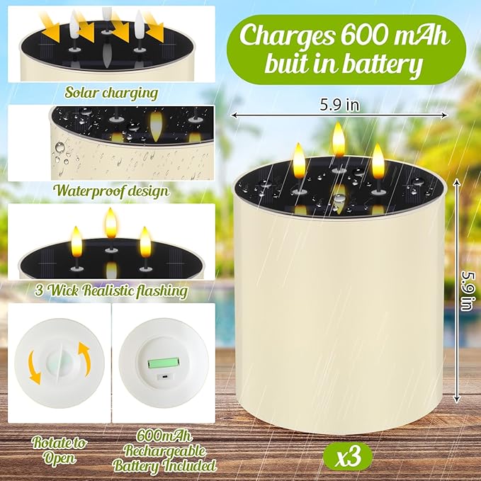 3 Pack Solar Large Flameless Candles with 3 Wicks 5. 9 x 5. 9 Waterproof Outdoor LED Pillar Candles Battery Operated Jumbo Flickering Candlestick for Home Patio Church Lanterns Ivory