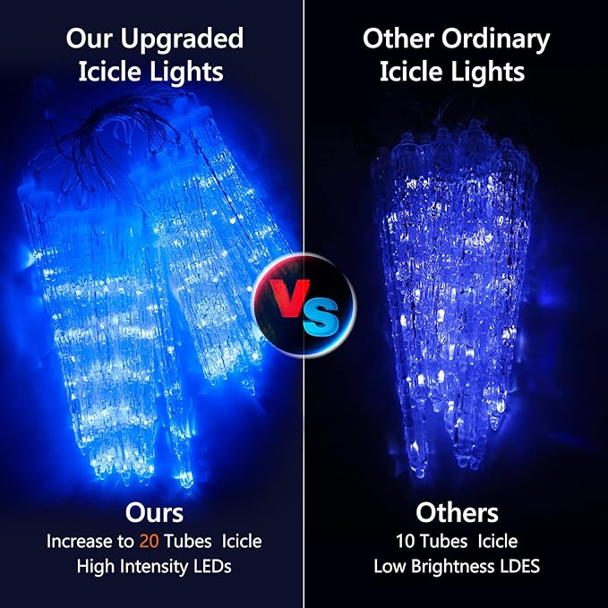 Joomer Blue Christmas Icicle Lights 13FT 20 Tubes 90 LED 8 Modes Icicle Lights with Timer Function Waterproof Connectable Ice String Lights for Holiday Home Patio Trees Christmas Decoration