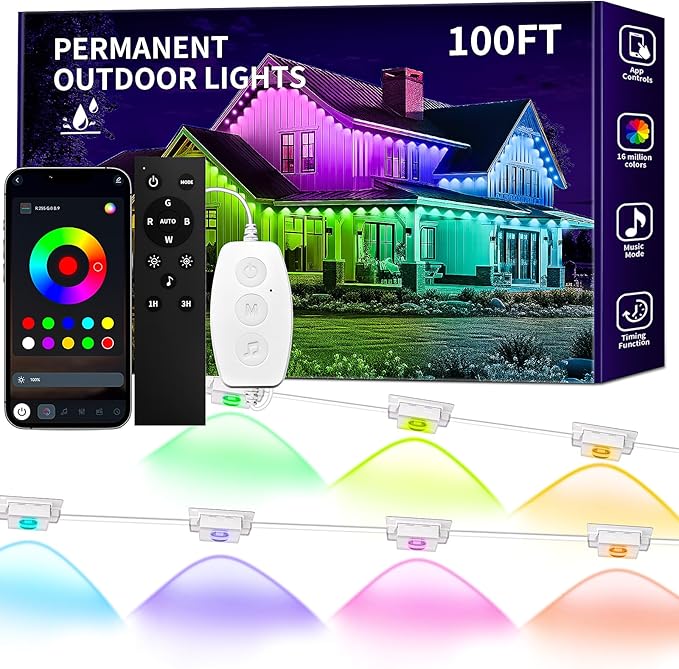 KSIPZE 100ft Permanent Outdoor Lights Waterproof IP67 Smart RGB+IC Eaves LED Lights with App &amp Button Control 200+ Dynamic Scene Modes for House Roof Garden Christmas Party Decor