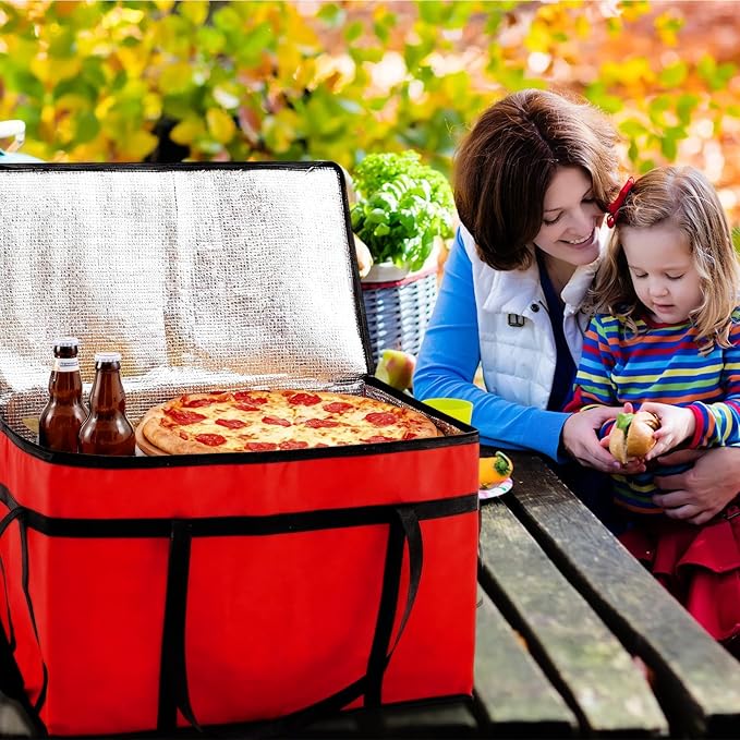 Maxcheck 6 Pcs Insulated Bags for Food Delivery XXXL Large Capacity Hot Grocery Tote Bag Reusable Warming Pizza Catering Carrier for Commercial Travel Lunch Shopping Gifts (Red and Black)