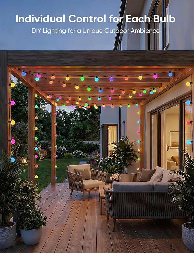APPECK Outdoor String Lights 100ft RGBW Color Changing Patio Lights with 50 Dimmable LED Bulbs 111 Scene Modes IP65 Waterproof Lighting for Outside Party Backyard Pool Compatible with Alexa