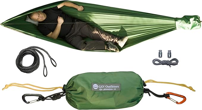 Go Hammock 2.0-11' Long for Max Comfort w/Ridgeline Rapid Deployment Bag Carabiners &amp Fabric Tensioners (Forest Green)