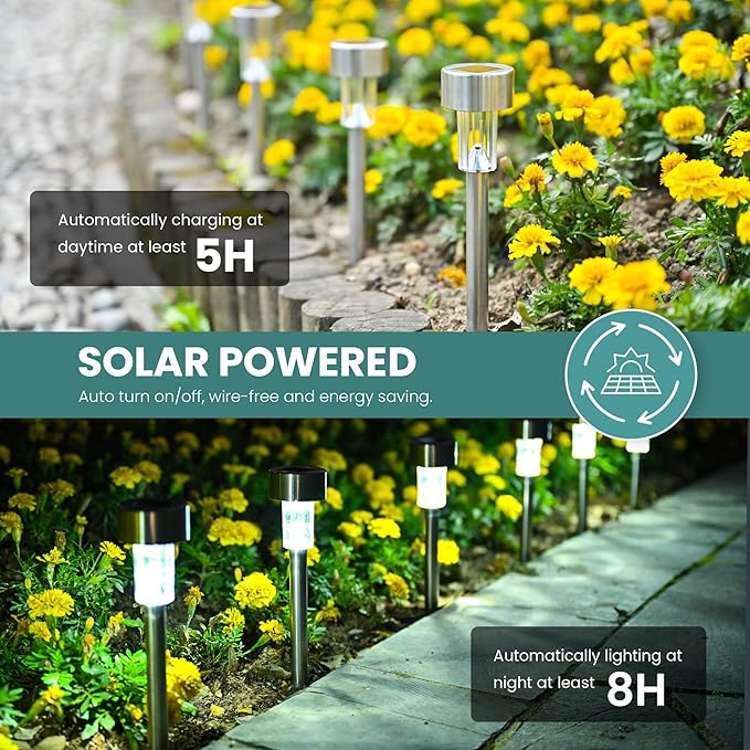 GIGALUMI 24 Pack Solar Path Lights OutdoorSolar Lights Outdoor WaterproofStainless Steel LED Landscape LightingSolar Garden Lights for DrivewayPathwayPatioYard