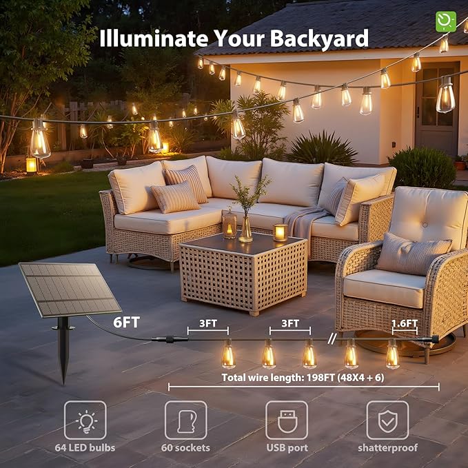 KYY 198FT(192+6) Solar String Lights Outdoor Waterproof with USB Charging &amp Remote Dimmable &amp Timable Solar Powered Patio Lights with LED Shatterproof Bulbs for Deck Backyard Porch Garden Ca