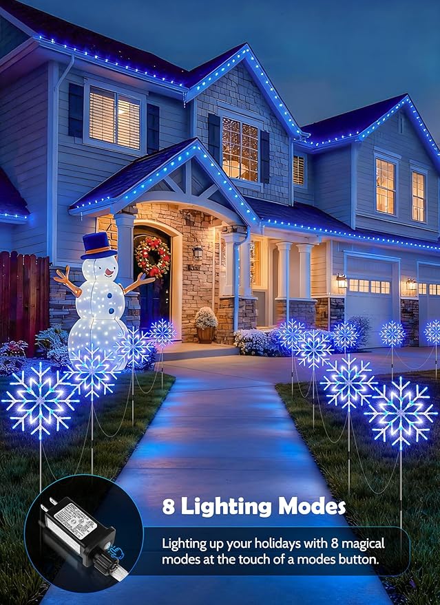 Brightown Snowflake Lights OutdoorTotal 20-Pack Snowflake Christmas Pathway Lights Outdoor Christmas Decorations Yard Sidewalk Walkway Driveway Marker Stake Blue &amp White