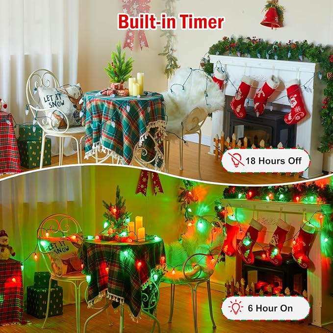 Minetom 147 FT 200 LED C9 LED Christmas Lights Outdoor - Plug in Fairy Lights with Timer &amp 8 Modes Waterproof Commercial Grade Extendable for Indoor Outdoor Roofline Patio Yard Xmas Red and Gree