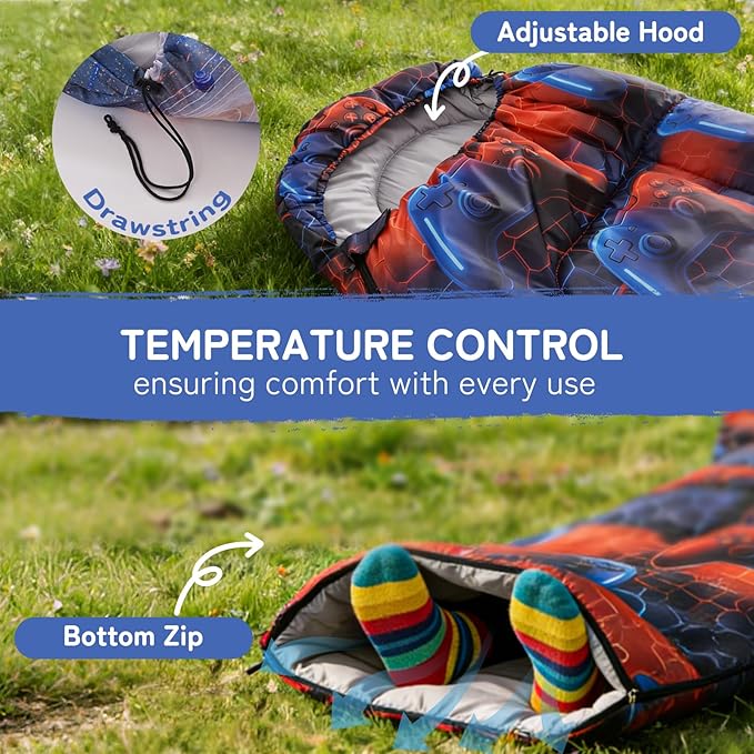 tuphen Kids Sleeping Bag - 50-77℉ 3-Season Waterproof Sleeping Bag for Boys &amp Girls Lightweight 2.2 lbs Camping Gear with Compression Bag Ideal for Camping Hiking Indoor