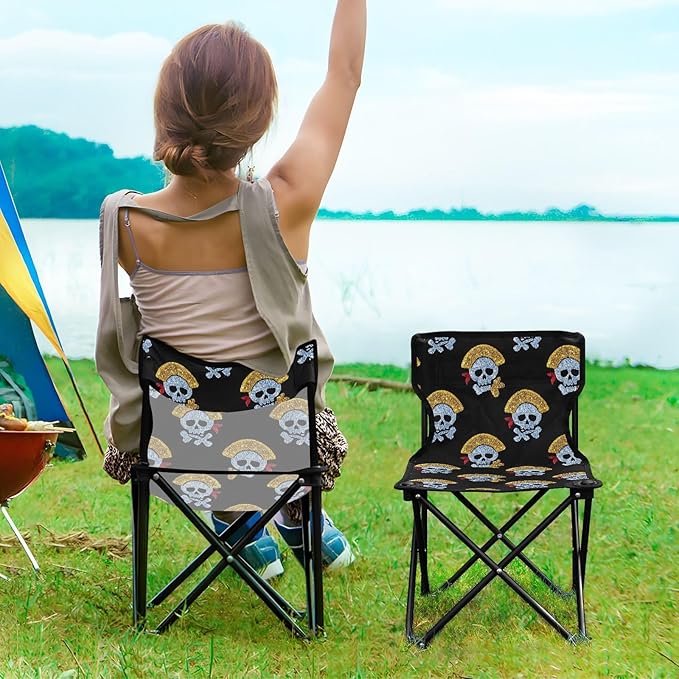 Fake Glitter Cartoon Pirate Skull Black Portable Youth Camping Chair Lightweight Ice Fishing Chairs with Carrying Bag