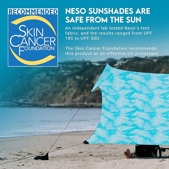 Neso Gigante Portable Beach Tent Sun Shelter - Lightweight Beach Shade Canopy - Easy Setup for Family Outings - Patented Reinforced Corners - UPF 50+ - 8ft Tall 11 x 11ft - Aqua Fronds