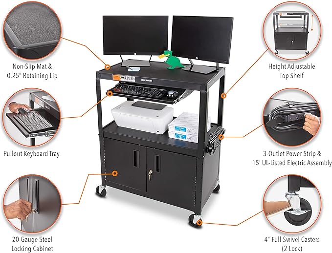 Line Leader Extra Wide AV Cart with Locking Cabinet Rolling Computer Desk Height Adjustable Utility Cart with Pullout Keyboard Tray &amp UL-Listed Power Strip Great for Projectors (42 x 32 x 20in)