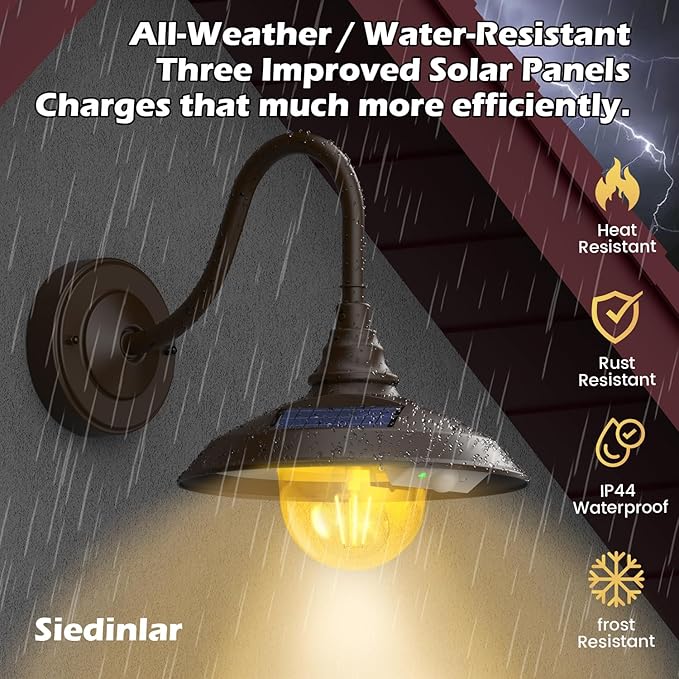 SIEDiNLAR Solar Barn Light Outdoor 3 Modes 2 Lighting Aluminum Gooseneck Wall Light Vintage Farmhouse Waterproof with Remote &amp Motion Sensor for Barn Garage Shed Chicken Coop Dark Bronze (1 Pack)