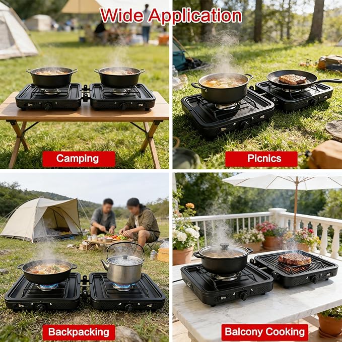 2 Burner Camping StovePortable Camp Stove with 17000 BTU Adjustable Burners and Carrying BagFolding Camping Stove for Outdoor Cooking Backpacking BBQ Grill