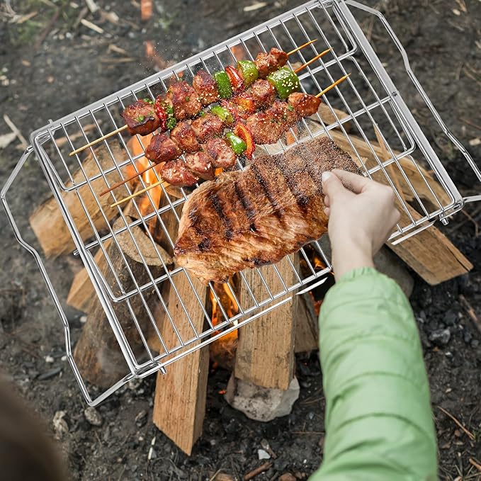 ZORMY 17 Large Folding Campfire Grill 304 Stainless Steel Firepit Grill Grate Heavy Duty Portable Camping Grill with Carrying Bag Gas BBQ Grill Grate for Backpacking Hiking Picnics (Double)