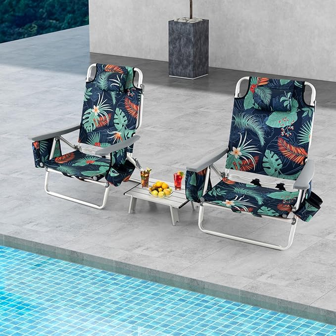COSTWAY Backpack Beach Chairs Set 3-Piece Portable Camping Chairs with Cup Holder Ice Bag 5-Position Outdoor Reclining Chairs for Adults Travel Sunbathing Support 300 LBS Palm Tree Green
