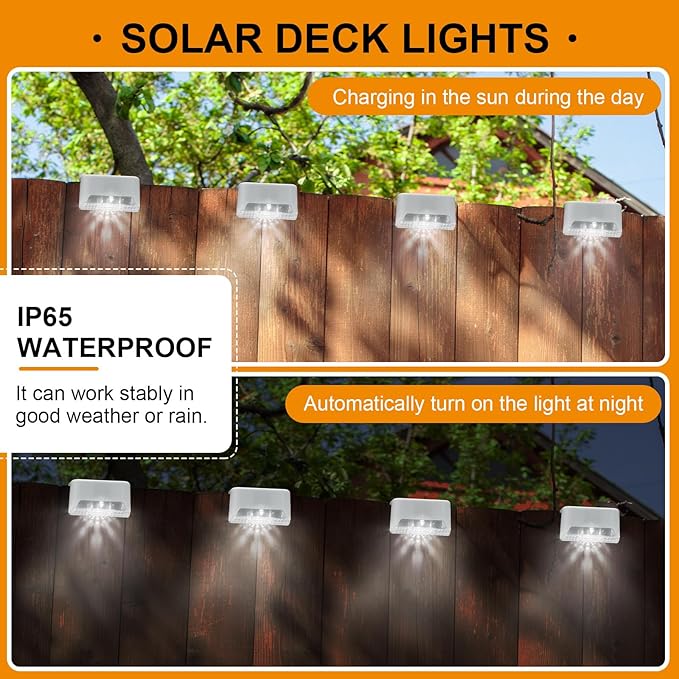 Geelin 32 Pcs Solar Deck Lights Outdoor Waterproof LED Solar Step Fence Lights for Stairs Step Railing Patio Driveway Garden Pathway and Yard(White Shell Cool White Light)