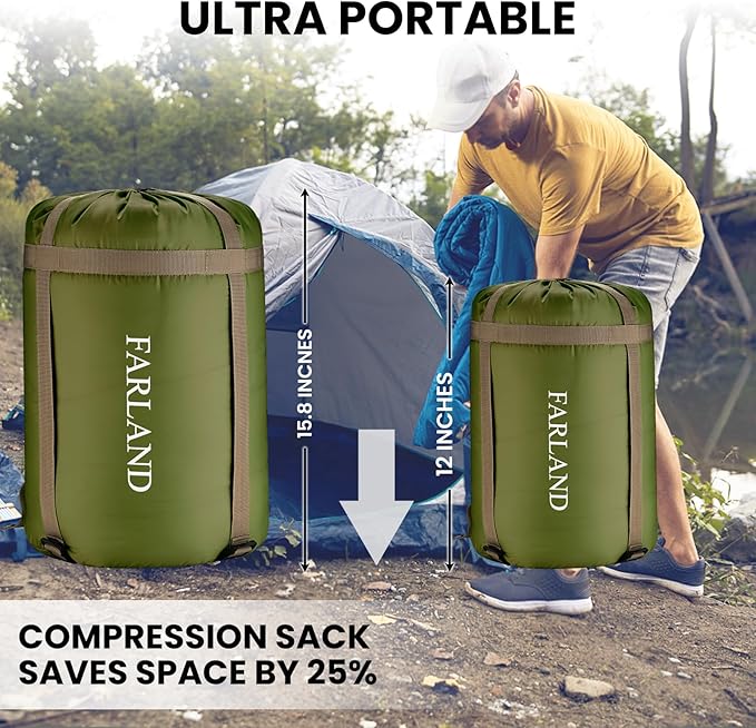 FARLAND Sleeping Bags 30℉ for Adults Teens Kids with Compression Sack Portable and Lightweight for 3-4 Season Camping HikingWaterproof Backpacking and Outdoors