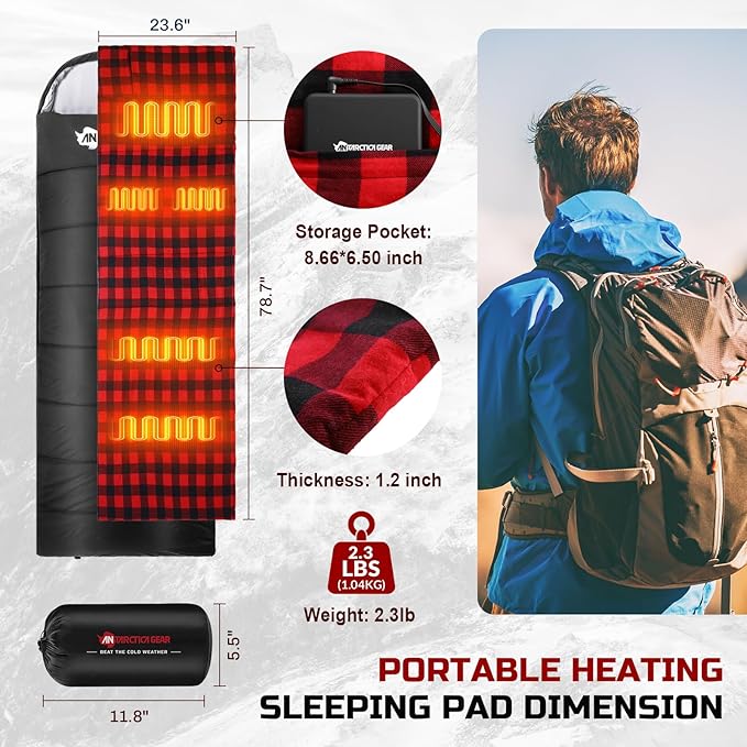 ANTARCTICA GEAR Heated Sleeping Bag Pad Cold Weather Heated Sleeping Bag Liner 5 Heated Zones with 16000mAh 12V Battery Sleeping Bag Heater Essentials Gear Accessories for Camping &amp Hiking