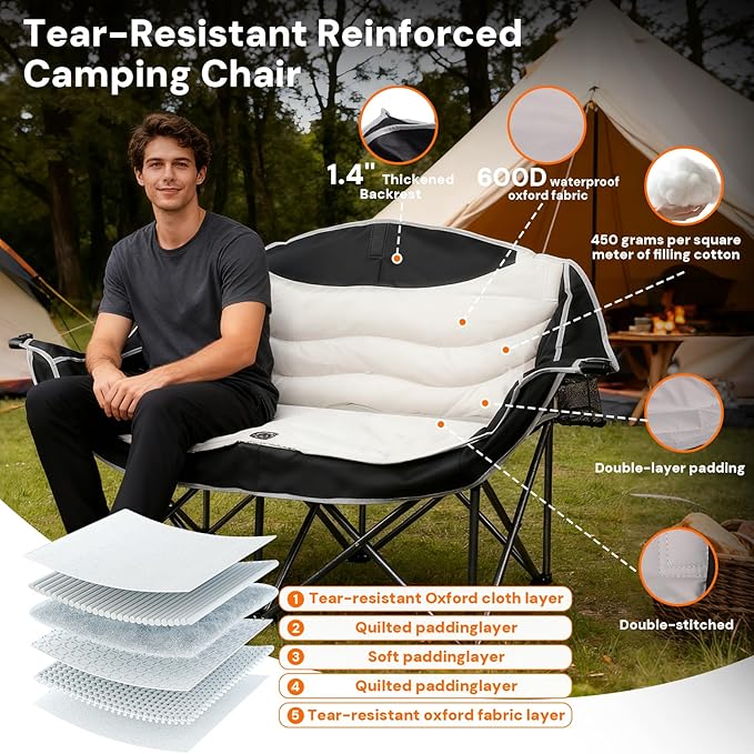 Double Camping Chair Adults Oversized Padded Camping Chair Outdoor Folding Chair loveseat Camping Chair with Cup Holders Outdoor Lawn Backyard (Black/Grey)