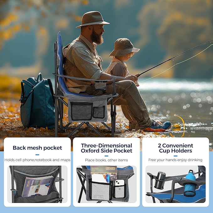 ALPHA CAMP Oversized Camping Folding Chair - Heavy Duty Steel Frame Support 350 LBS Collapsible Padded Arm With Cup Holder Quad Lumbar Back Portable for Outdoor/Indoor
