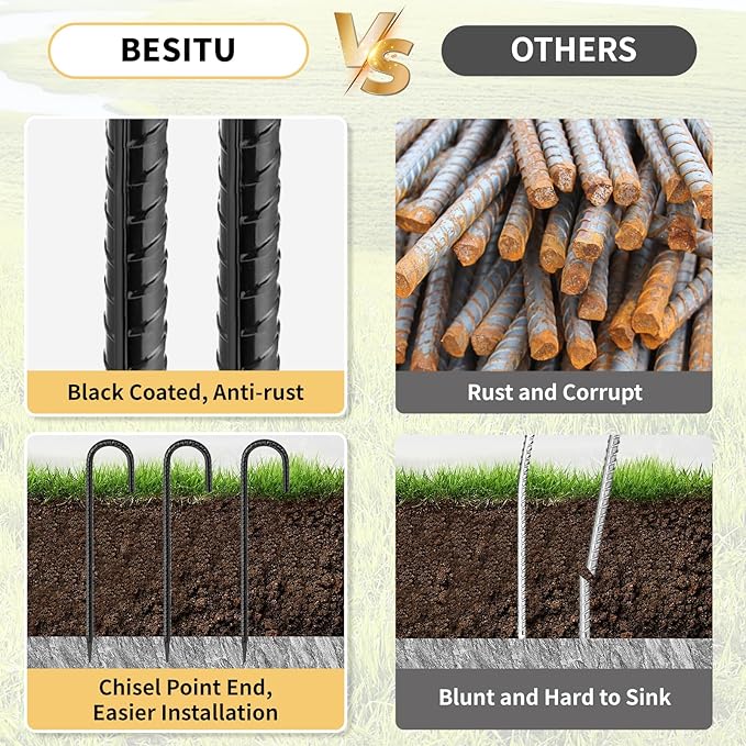 16 Inches 24-Pack J Hook Rebar Stakes Heavy Duty Tent Stakes with Chisel Point End Steel Ground Anchors Metal Garden Stakes Chain Link Fence Stakes Black Coated