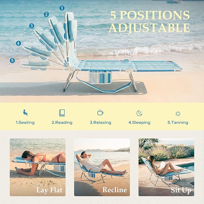 Beach Lounge Chair Outdoor Chaise Lounger with Face Hole 5-Position Reclining Beach Chair Face Down Tanning Chair with Carry StrapSide Pocket Portable Camping Cot for PatioPoolside
