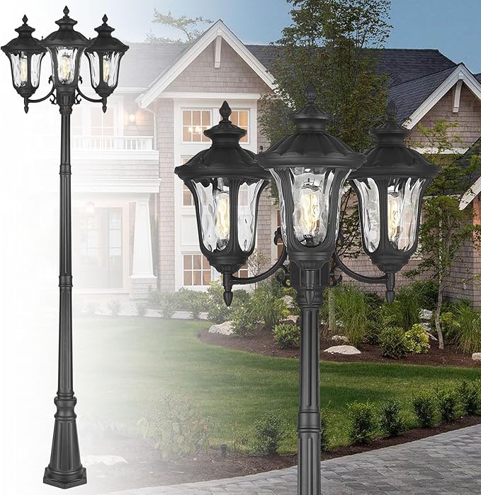 Outdoor Lamp Post Light Black Outside High Pole Light 3-Head Waterproof Modern Exterior Street Lamp Road Lighting Fixture for Garden Backyard Patio Lawn Pathway Driveway