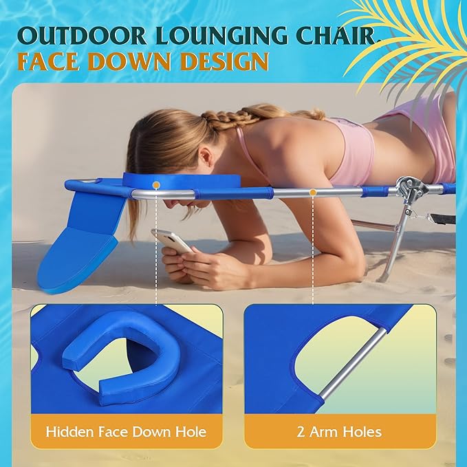 WLIVE Beach Lounge Chair for Adults 4-Position Folding Tanning Chairs with Face Hole 2 Legs Support Portable Outdoor Chair for Beach Pool Blue