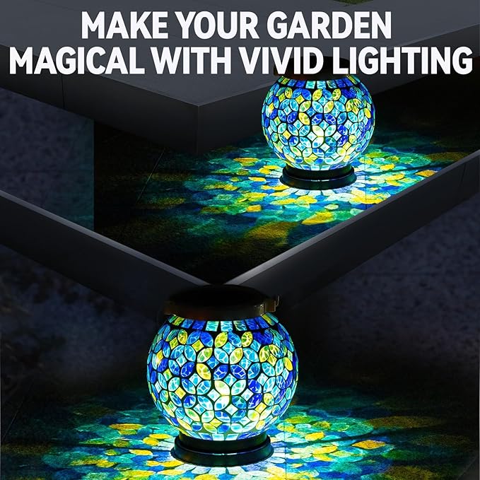 VOREEN Mosaic Solar Lanterns Handmade Outdoor Glass Hanging Light Waterproof Solar Table Lamp Gift for Mom Wife Friend Decor for Garden Patio Yard Balcony Green &amp Yellow Leaves Pattern