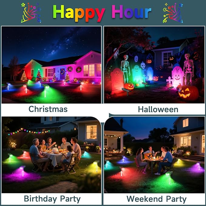 RGB Solar Spot Lights : 2 IN 1 Solar Lights Outdoor with 8 Lighting Modes &amp PC Light Guide Column for Tree Garden Yard Pathway | RGB Color Changing Landscape Lights | IP65 Waterproof | 4 Pack