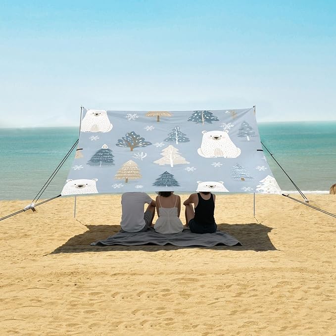 Bolaz Beach Canopy Tent Sun Shade9'×10.5' Large Family Beach Shade UPF50+- Outdoor Shade for Camping Trips FishingPolar Bear Pattern