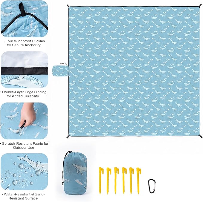 OIGAE 7x7ft Sandproof Beach Blanket - Large Waterproof Picnic Mat for 3-4 People Lightweight Sand Free Mat for Summer Vacation with 6 Stakes &amp 4 Corner Pockets for Beach Camping Festivals