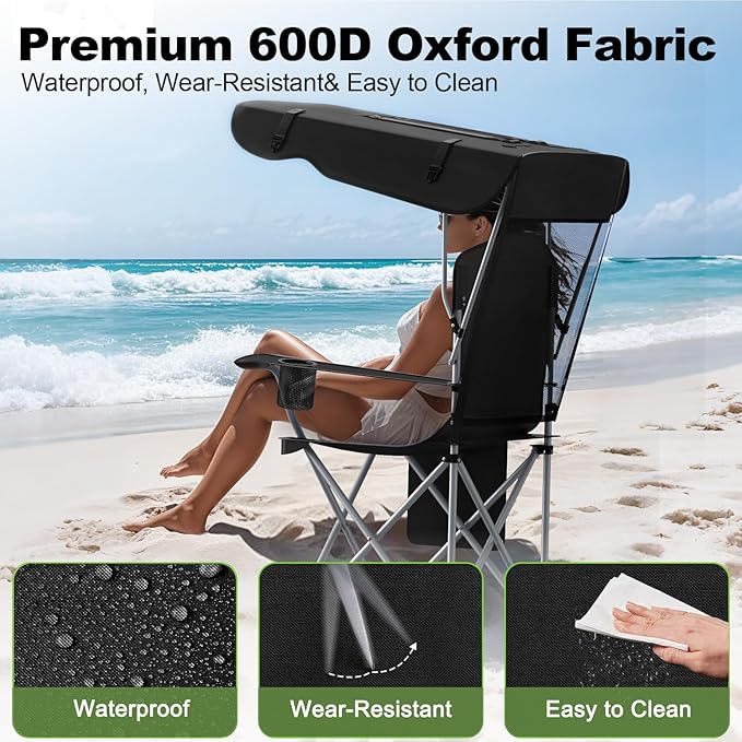 Portable Camping Chair with Canopy - Folding Chair with Canopy Durable 600D Oxford Canopy Chair for Camping Beach Picnics Fishing &amp Sports
