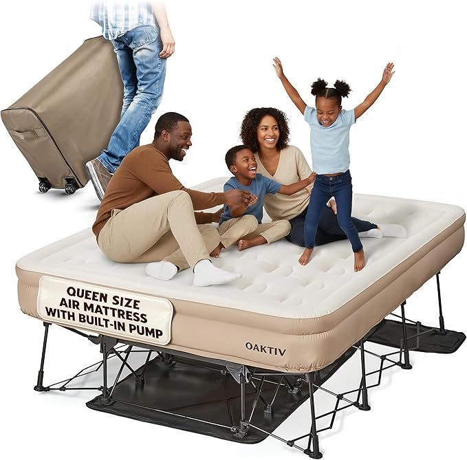 Queen Air Mattress with Frame Self Inflating/Deflating Blow Up Bed for Adults - PeakRest Camping Cot with Mattress - Portable Queen Size with Travel Rolling Case on Wheels