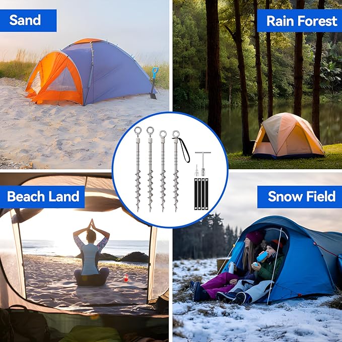 8 PCS Screw in Tent Stakes for Women Men Ground Anchors for Sand Trampolines Camping - Aluminium Heavy Duty Rust Prevention Pegs Spikes Drillable Threaded Anchor Stake - Silvery 14 inch