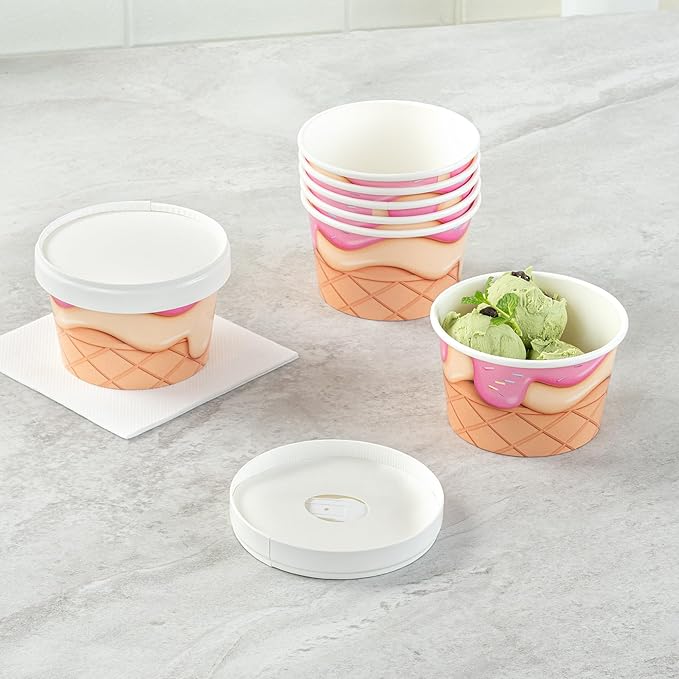 Restaurantware LIDS ONLY: Coppetta 3.82 x 0.63 Inch To Go Cup Lids 200 Durable Ice Cream Cup Lid - With Plastic Spoon For Hot &amp Cold Foods White Paper Disposable Lid For Dessert Cups