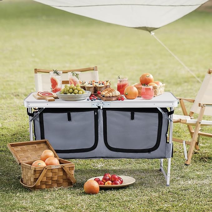 Outdoor Folding Camping TableAluminum Foldable Table with Adjustable Legs &amp Storage OrganizerLightweight Camping Kitchen Table for Outdoor Travel BeachBackyards BBQ Party and Picnic (White)