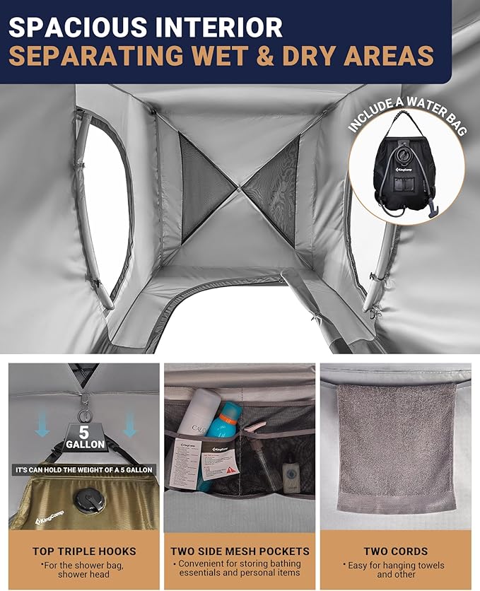 KingCamp Camping Shower Tent Portable Outdoor Privacy Toilet &amp Changing Tent Windproof &amp Waterproof Easy Setup 1 or 2 Room Shelter with Shower Bag for Camping Hiking Beach