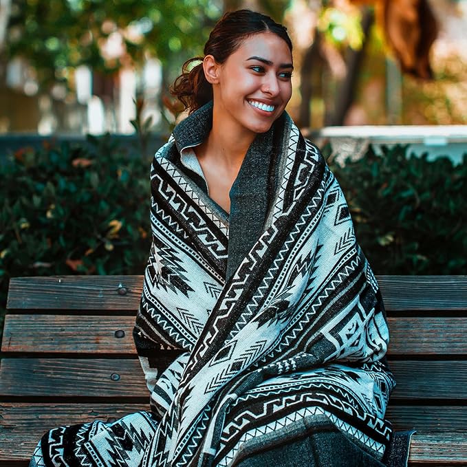 Off the Grid Inca Aztec Throw Blanket | Southwest Indian Navajo Boho Style | Native Woven Western Cover for Camping Bedding Couch (King Cotopaxi Slate)