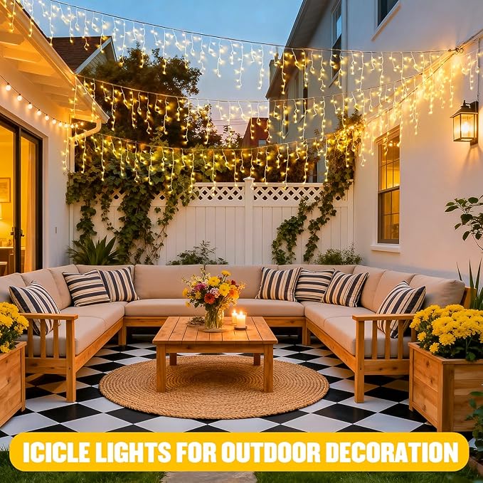 JMEXSUSS 38.8FT Icicle Lights for Outside 400 LED Icicle Christmas Lights Outdoor Indoor Plug in Warm White String Lights for Christmas House Patio Party Fireplace Holiday Decorations
