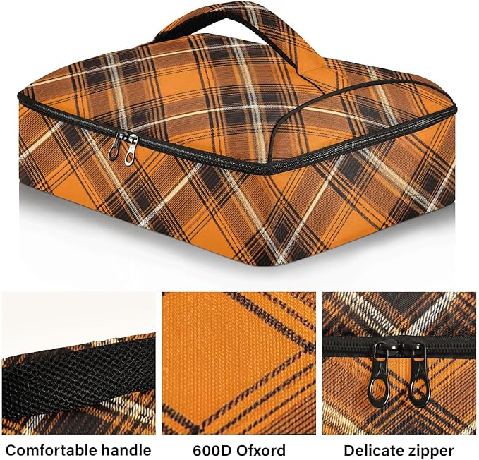 Casserole Carrier Orange and Brown Tartan Print Insulated Casserole Carrier for Hot or Cold Food Thermal Lunch Tote for Parties Picnic Travel Carry Bag