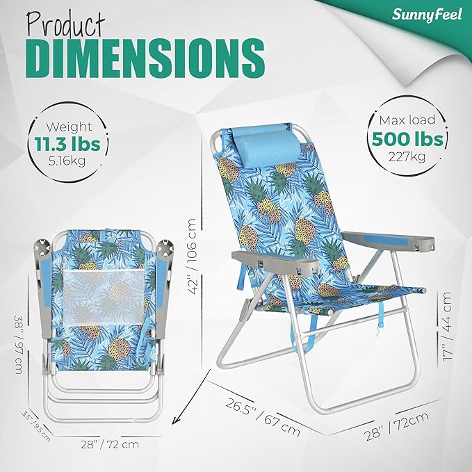 SUNNYFEEL 17 Tall Oversized Beach Chairs 2 Pack for Adults Heavy Duty 500 LBS 5 Position Portable High Folding Camping Chair with Cup Holder for Outdoor/Lawn/Trip Foldable Sand Chairs for Adults