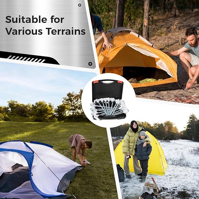 20-Pack Metal Tent Stakes with Glow-in-The-Dark Function Heavy-Duty Ground Spikes Hexagonal Drive Tool and Storage Box