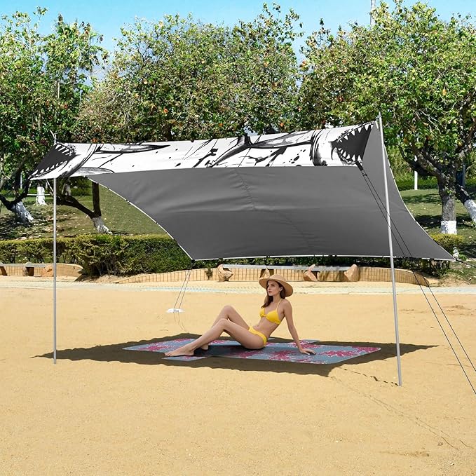 Shark Pattern Beach Tent Sun Shelter 9.2' x 10.5' Beach Canopy with 4 Sandbags 4 Stability Poles Sand Shovels - Tent Canopy for Beach Camping Fishing Picnics