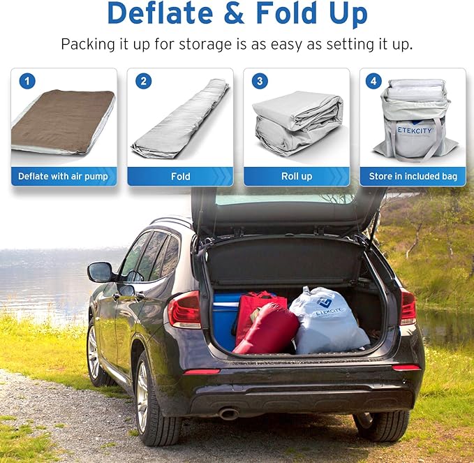 Etekcity Camping Air Mattress Inflatable Mattress Air Bed Queen Twin with Rechargeable Pump Leak-Proof Blow Up Mattress Raised Airbed  Height 9 Storage Bag  Brown