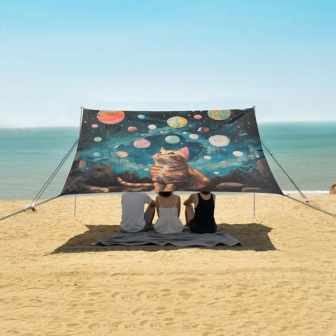 ALAZA Cat Kitten Starry Sky Beach Tent Sun Shelter UPF50+ Protection Beach Shade Canopy w/ 4 Sandbags for Outdoor Camping Fishing Backyard Fun Picnic 10x9 ft