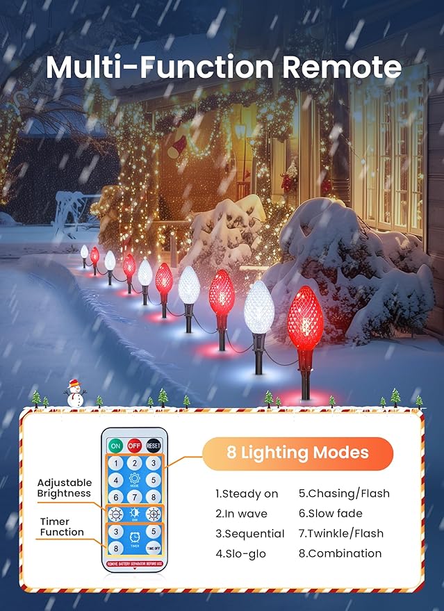 Minetom Solar Double C9 Strawberry Christmas Pathway Lights Outdoor -16FT 10 LED C9 Christmas Lights with Timer8 ModesSolar Christma Outdoor Decorations for Lawn Outside WalkwayRed &amp White