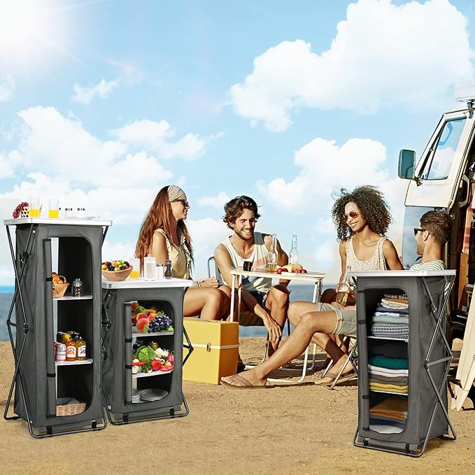 Giantex Folding Camping Storage Cabinet with 3 Shelves and Carry Bag Portable Outdoor Organizer Kitchen Table Quick Set-up for BBQ Picnic Backyard Compact Pop-Up Cupboard 47''H